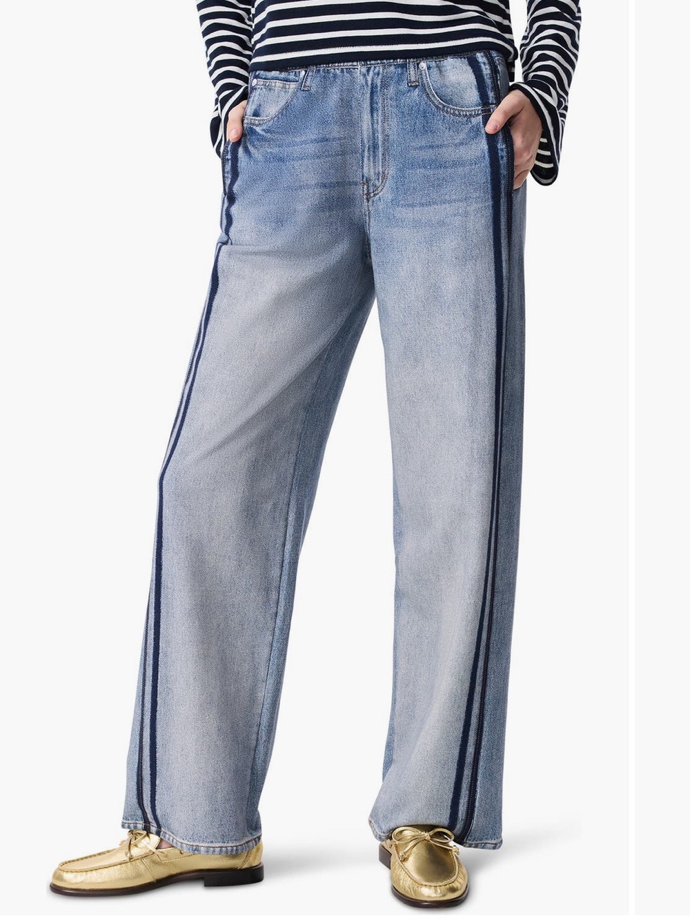 rag & bone Light Blue Wide-Leg Jeans with Navy Side Stripes
